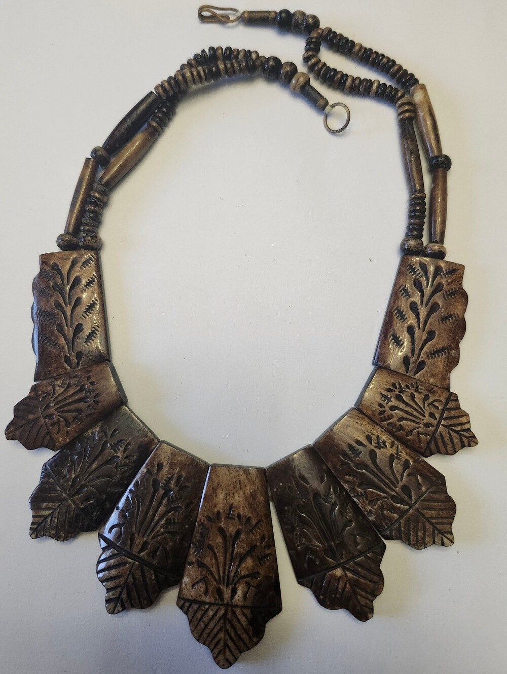 Vintage Hand-Carved Boivine Bone Brown Statement Bib Necklace